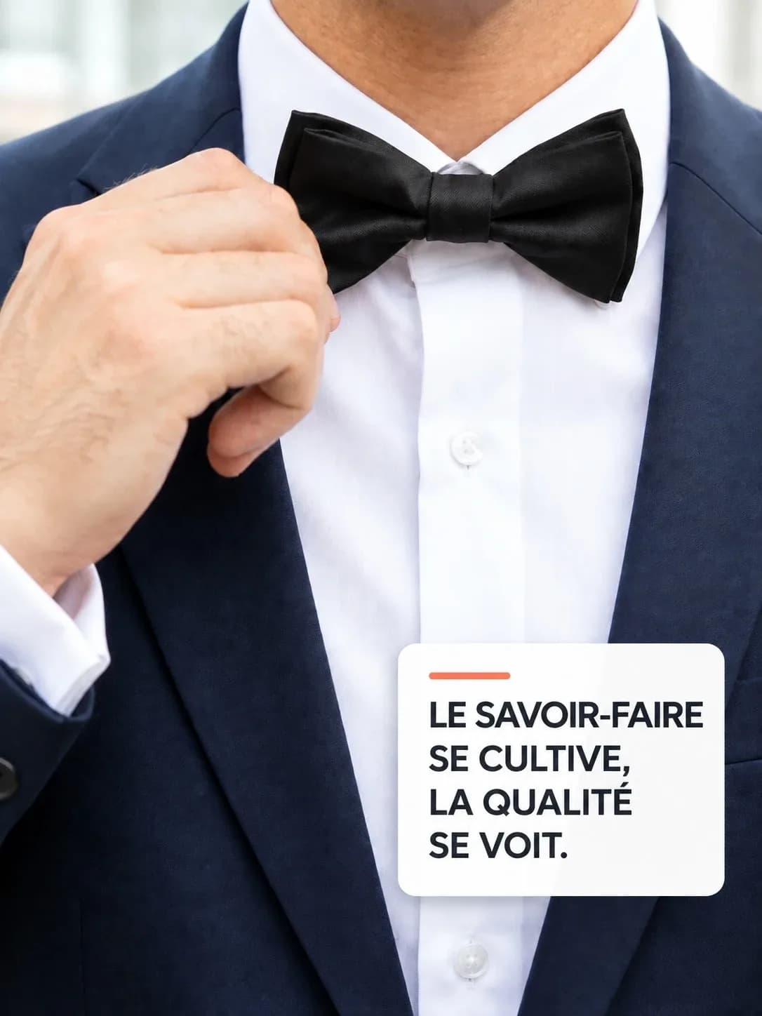 Un homme en costume bleu marine et chemise blanche ajuste son nœud papillon noir, avec la mention « Le savoir-faire se cultive, la qualité se voit. »